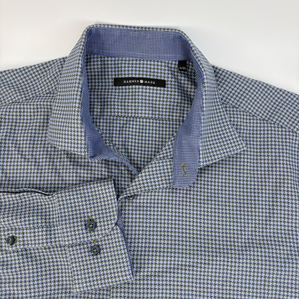 Hammer Made Mens Blue Olive Micro Houndstooth Button Down Shirt Size 46/185 XL
